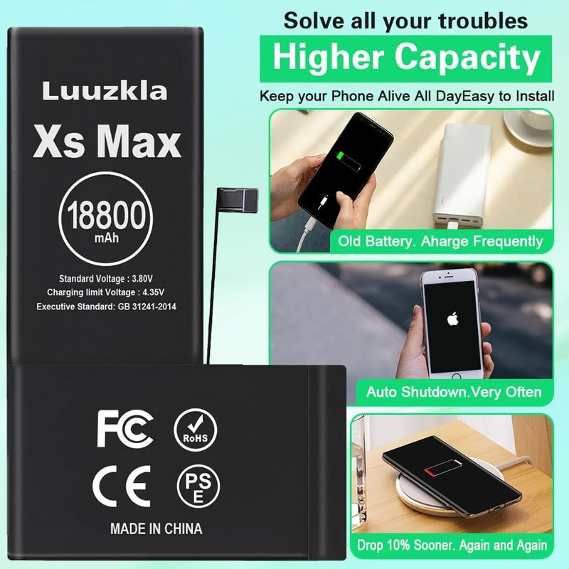 Luuzkla بطارية بسعة 18800mAh (ترقية جديدة 2025) متوافقة مع آيفون XS MAX، بطارية بديلة بسعة فائقة متوافقة مع آيفون XS MAX، مع مجموعة أدوات كاملة - 0 دورة سعة عالية - خدمة لمدة 24 شهرًا - Image 3